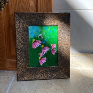 Original hand painted Acrylic Framed Floral Painting with Bee. New